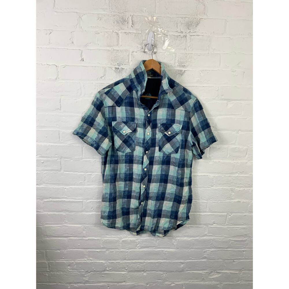 Chip Foster Men's Plaid Flannel Button-Up Shirt Short Sleeve Blue Size Medium